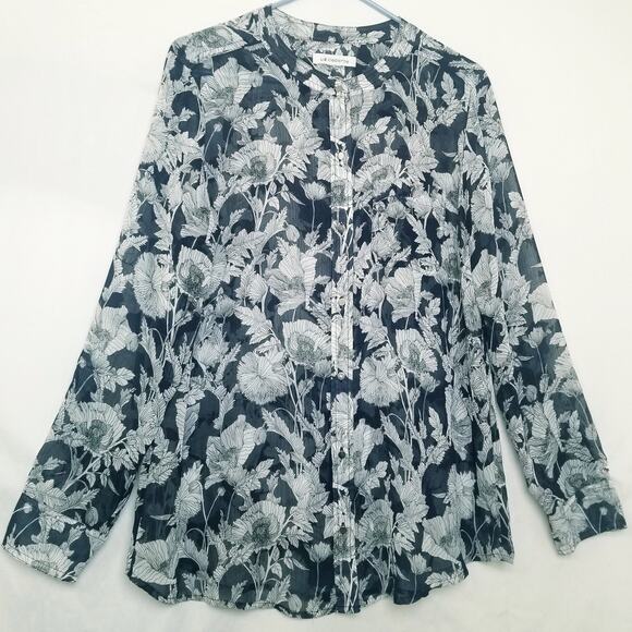 Liz Claiborne Navy White Floral Sheer Button Up Long Slv Size See Measurement's - Picture 1 of 8
